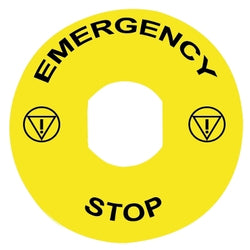ZBY8330 - Legend, plastic, yellow, Ø90, for emergency stop, marked EMERGENCY STOP with logo ISO13851